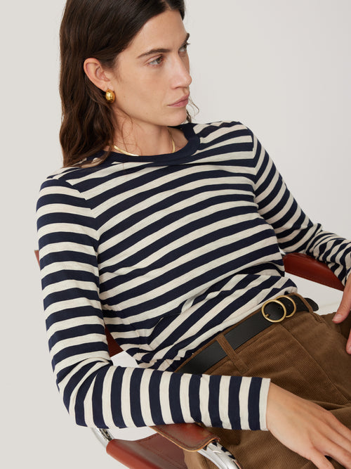 Cotton Slub Stripe Long Sleeve Tee | Navy