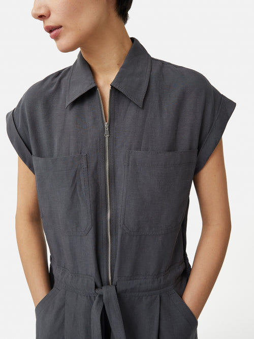 Linen Zip Front Jumpsuit | Dark Grey